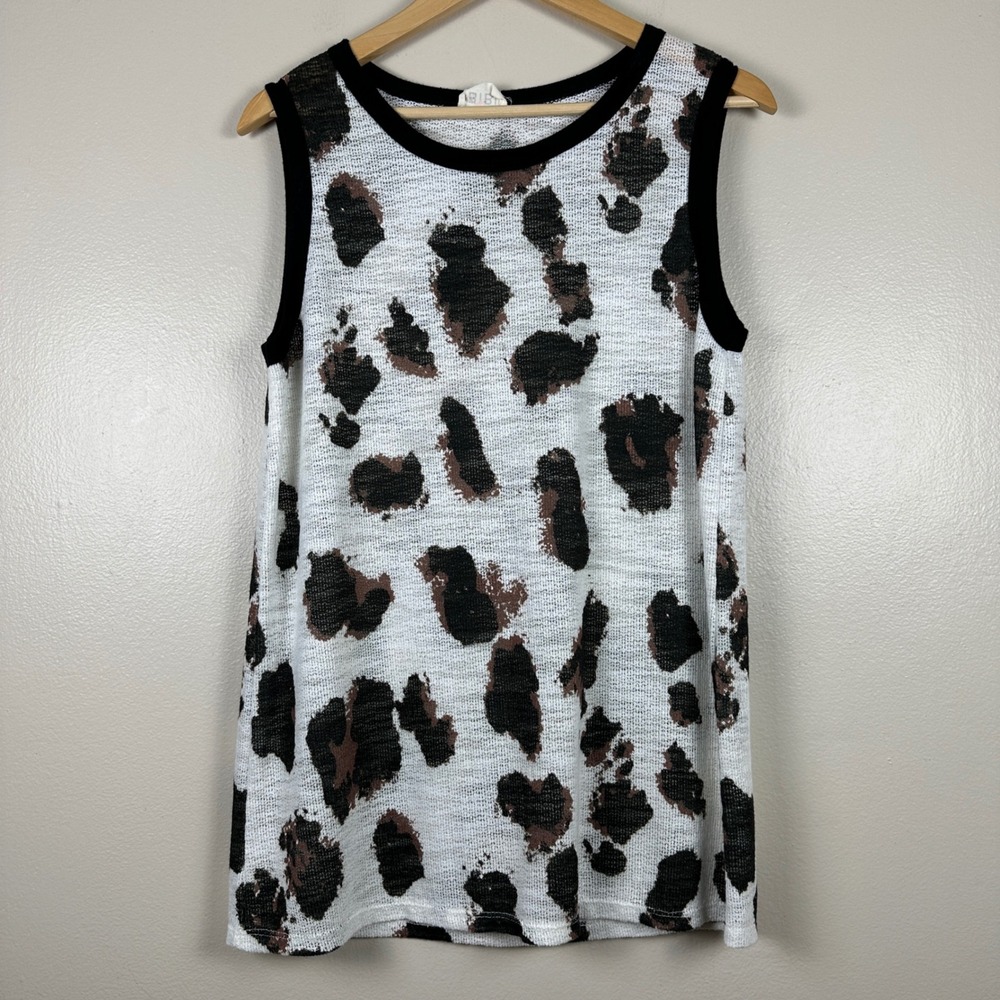 BiBi Women's Medium Sleeveless Tunic White Black Brown Cow Print Boho